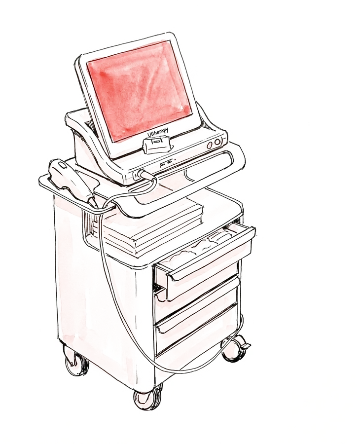 A hand-drawn sketch of the Ultherapy console in Dr Ong's clinic
