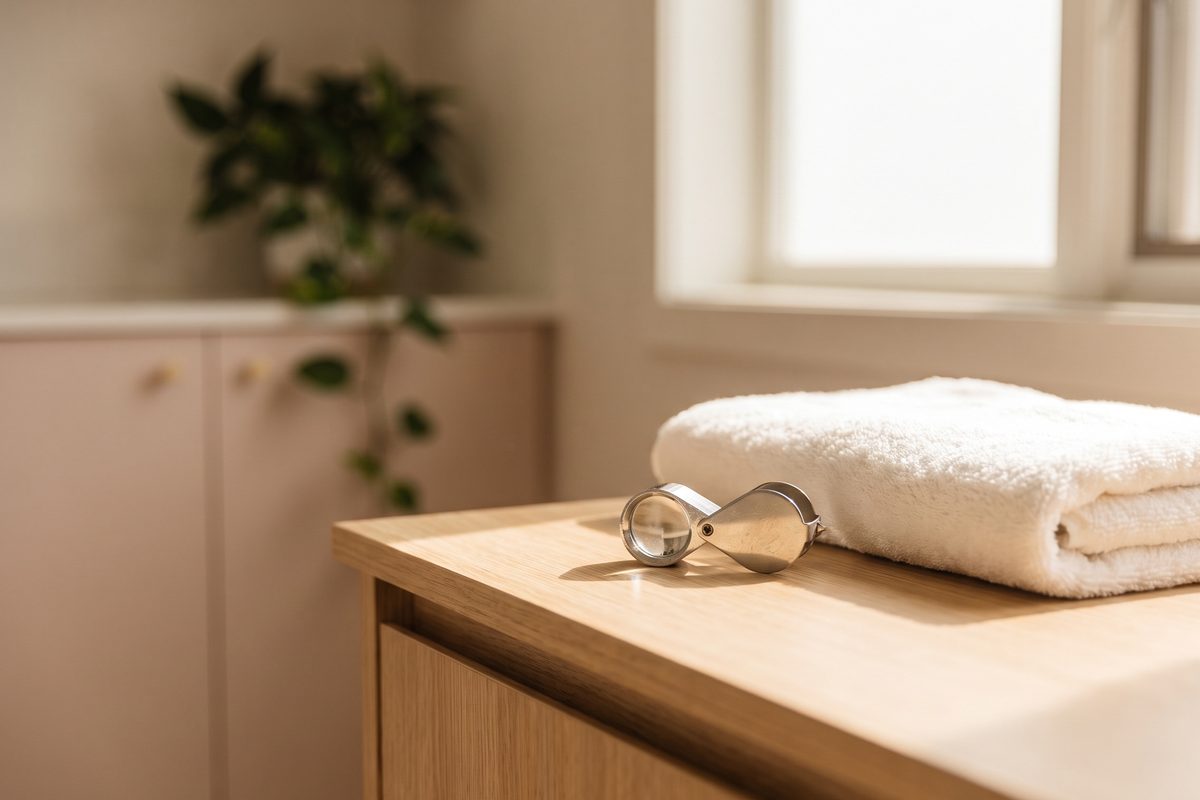 A plain daylight photograph of a magnifying loupe and a clean white towel laid on a treatment room counter, no face visible, no equipment powered on