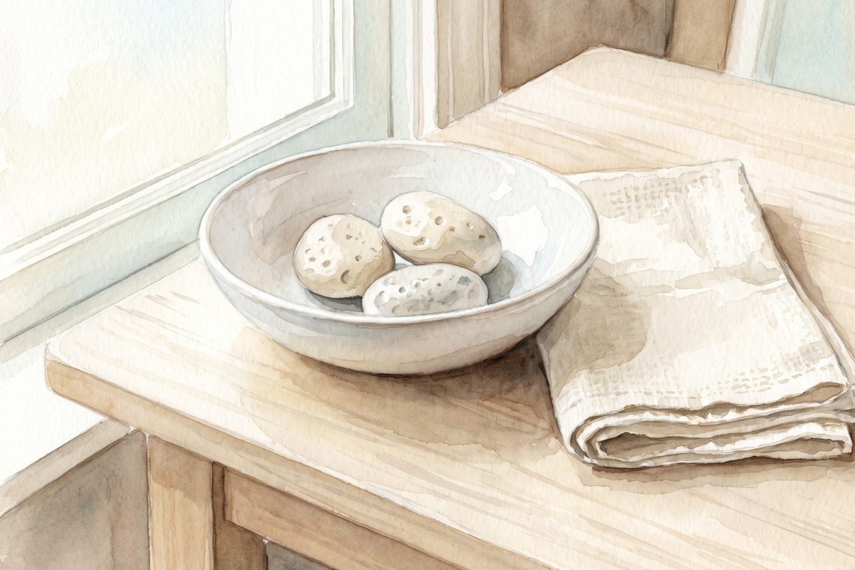 A watercolour still life of a few dimpled pale pebbles in a shallow white ceramic dish beside a folded cotton cloth on a pale wooden table