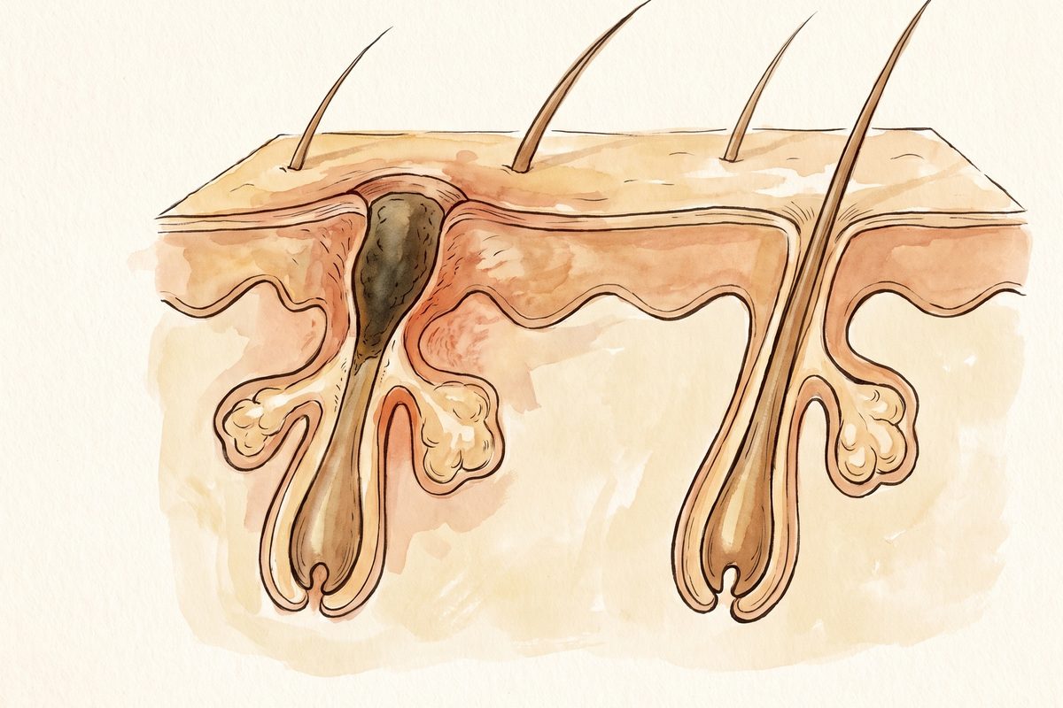 A hand-drawn ink and watercolour cutaway of skin showing one blocked pore with a dark plug beside one clear open pore, each with its hair and oil glands, warm paper, no face, no text; a generated illustration, not a photograph