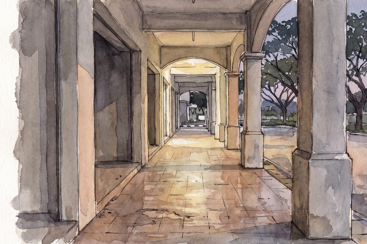 A watercolour of a row of Setia Alam shophouses at dusk, trees along the pavement and a covered five-foot walkway, no signage, no lettering, no people