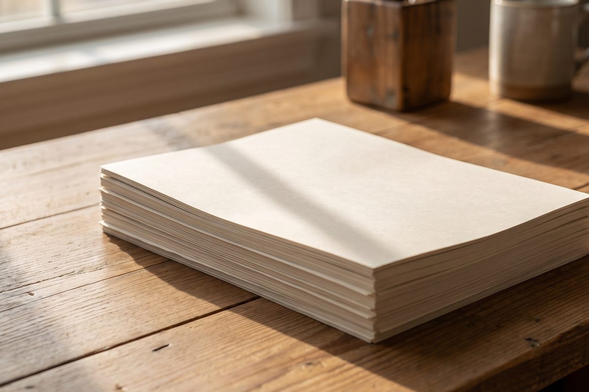 A squared stack of unmarked printed documents on a wooden desk in late morning daylight, nothing else in frame, no people and no clinic setting