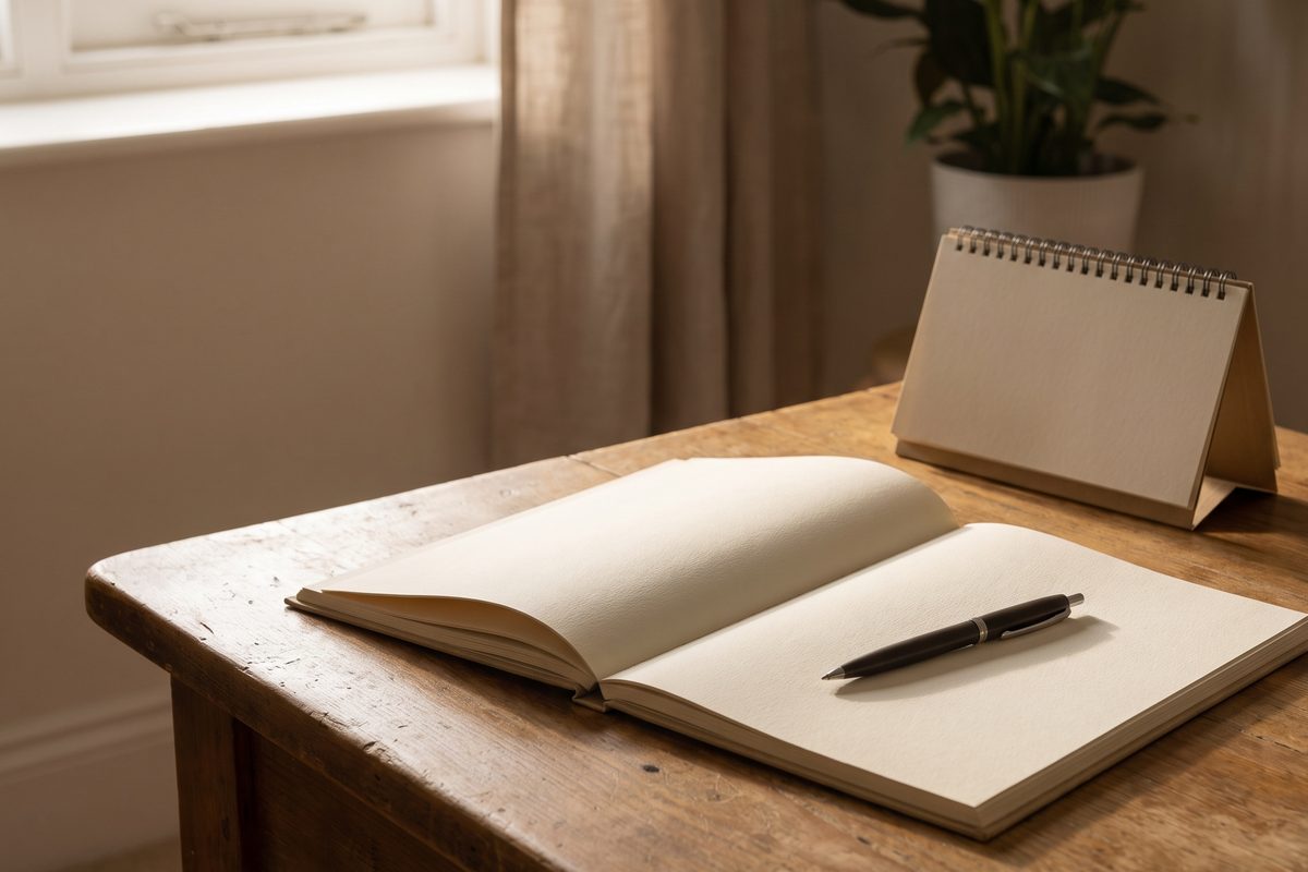 A consulting room appointment book open on a desk in soft morning light, a pen resting across the page, no patient present