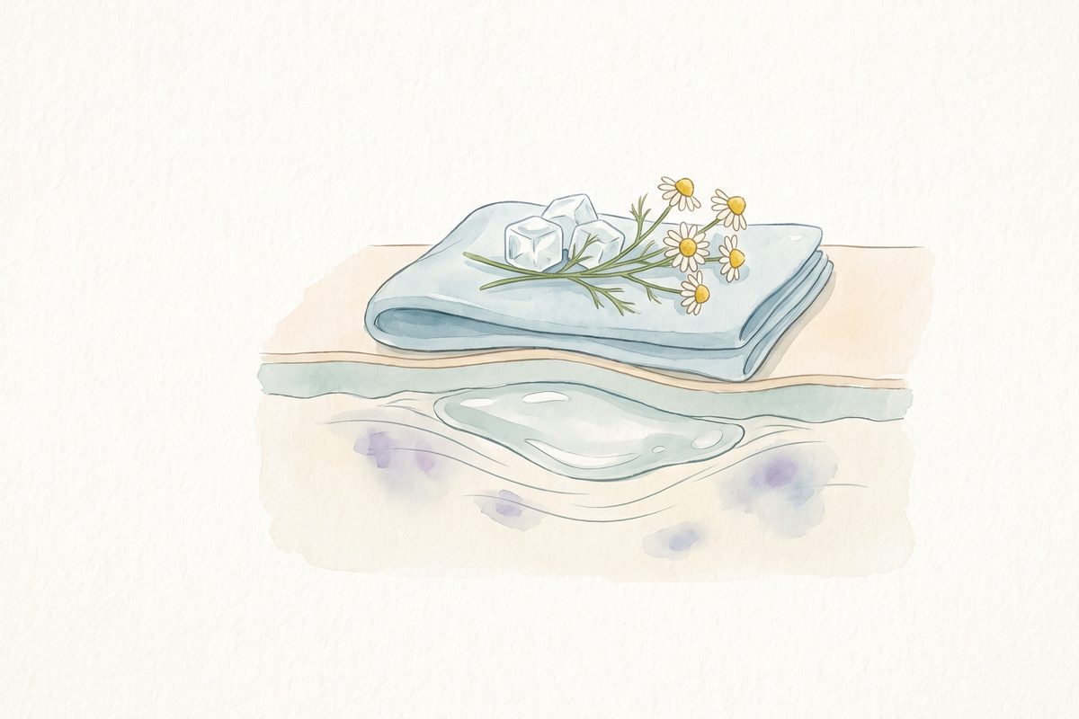 Watercolour of a folded pale blue towel with ice cubes and a sprig of chamomile