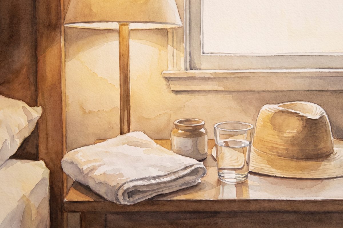 Watercolour of a bedside table in warm lamp light with a folded towel, a jar of moisturiser, a glass of water and a straw sun hat