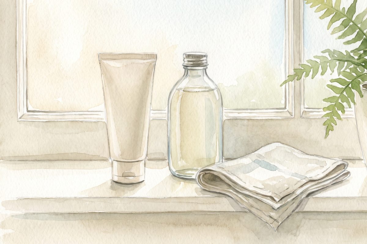 Watercolour of a sunlit windowsill with a plain tube, a clear bottle, a folded linen cloth and fern leaves