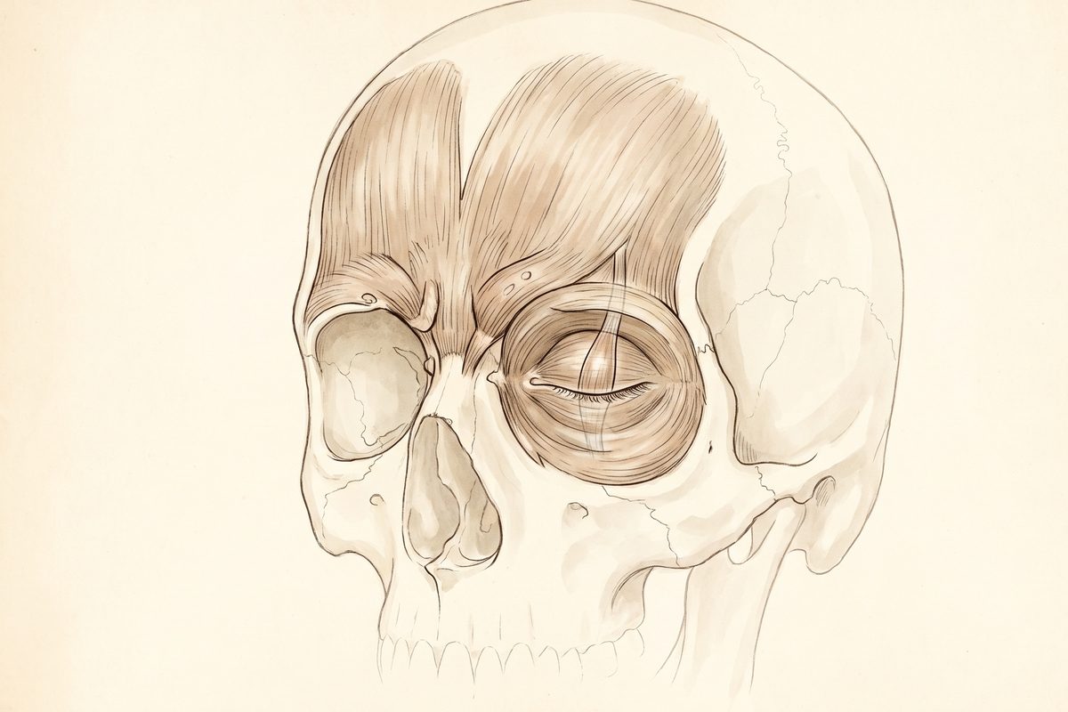 A hand-drawn ink and watercolour anatomical plate of a skull showing the forehead muscle, the muscles between the brows and the ring of muscle around one eye, on warm paper, no text