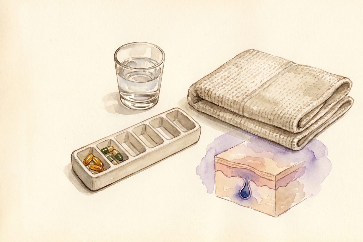 A still life on warm paper of a weekly pill organiser, a few capsules and a small cold compress pack beside a glass of water, with no people and no text