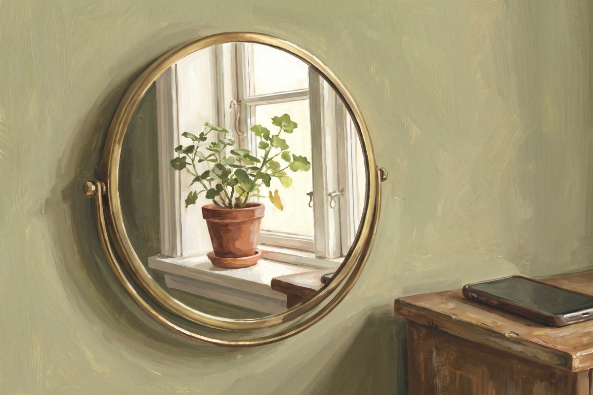 A painting of a round brass mirror on a sage green wall, reflecting a potted plant on a sunlit window sill, with a phone lying face down on a wooden chest beside it