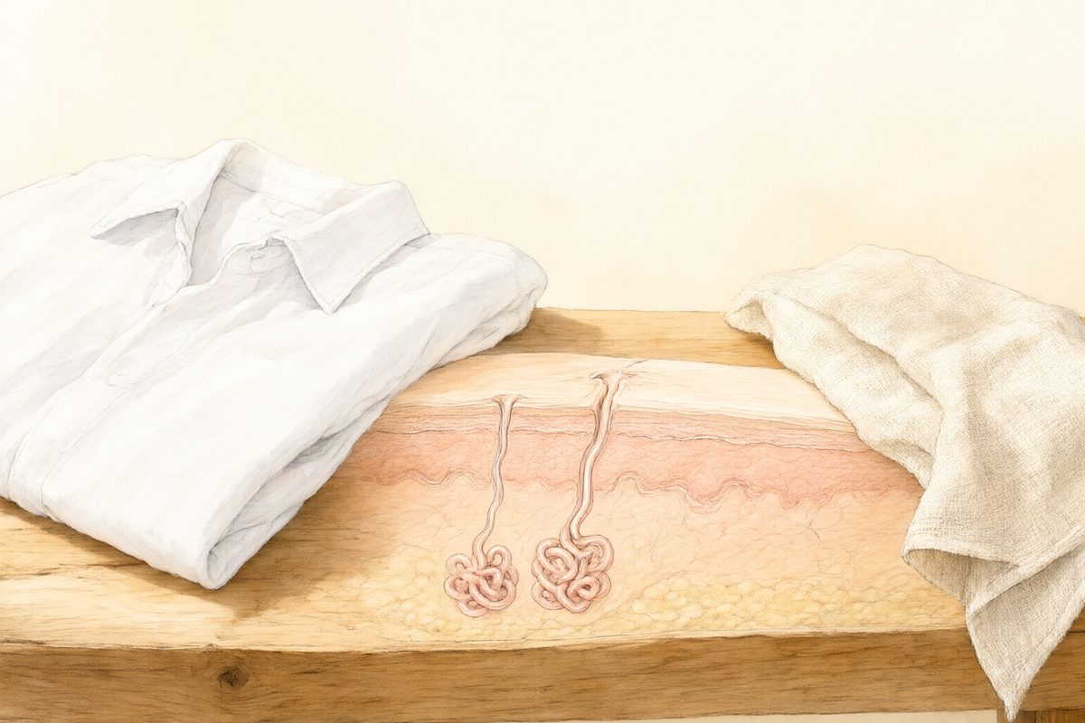 A folded white cotton handkerchief beside a glass of water on a pale wooden table in morning light, a still life with no people, no needles, no medicine and no logos