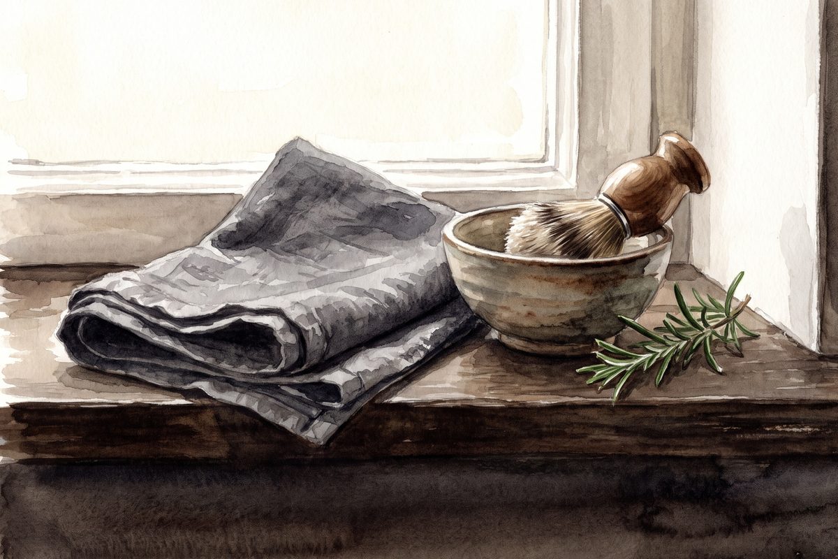 Watercolour of a shaving brush in a ceramic bowl beside a folded charcoal towel and a sprig of rosemary on a dark wooden shelf
