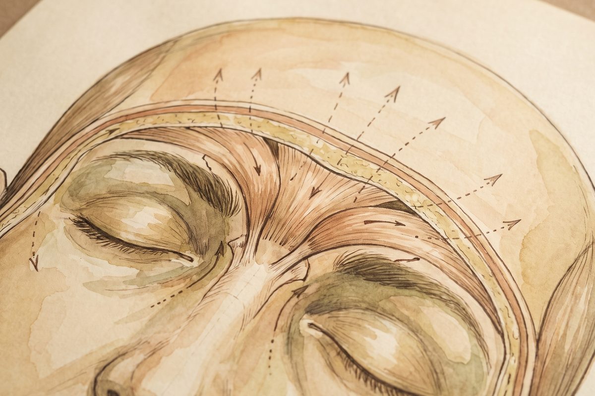 Watercolour anatomy plate of a calm face with closed eyes, showing the frown and forehead muscles with dotted arrows