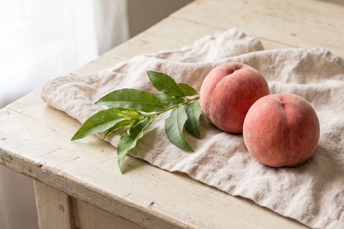 A watercolour still life of two ripe peaches on a pale linen cloth beside a sprig of fresh green leaves on a pale wooden table in soft daylight