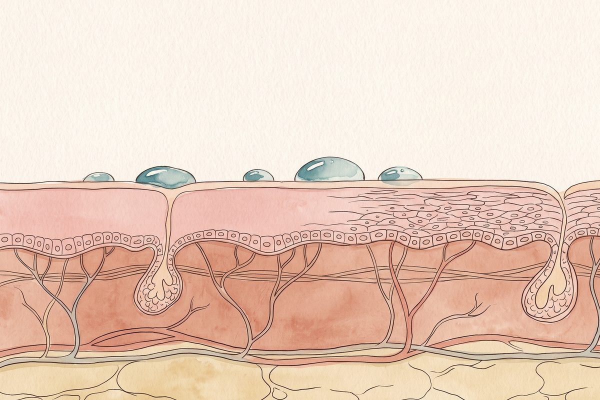 A watercolour cross-section of skin: clear droplets resting on the surface, the layered epidermis and dermis with hair follicles and fine vessels, and the fat layer beneath