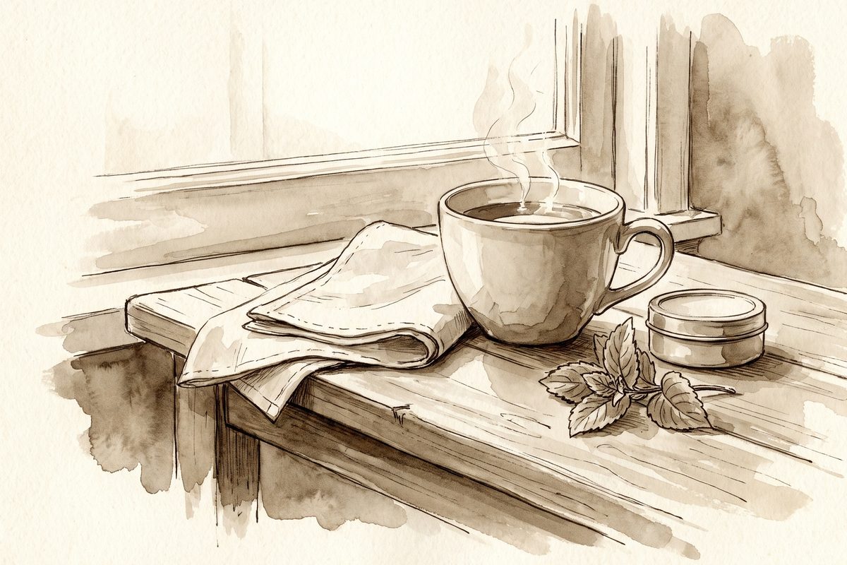 A painted still life of a closed lip balm pot, a folded cotton cloth and a sprig of green leaves on a pale tabletop in soft daylight
