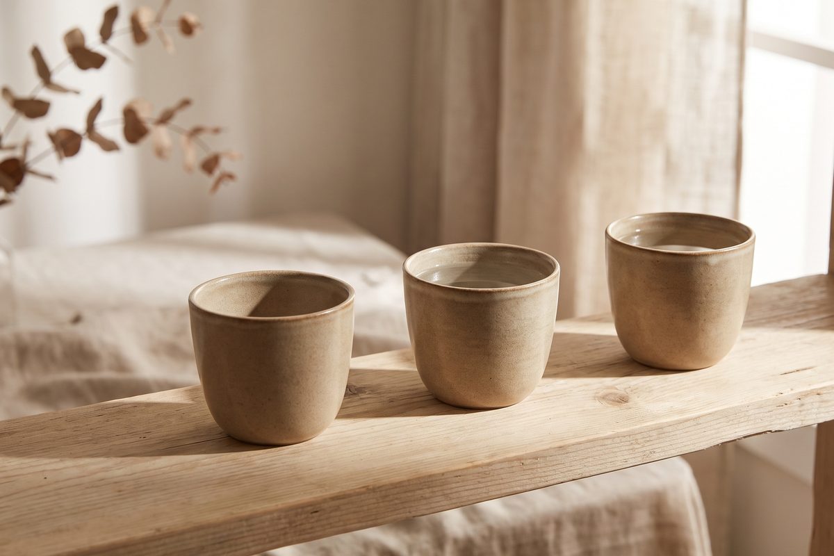 Three small ceramic cups in a row on a pale wooden shelf by a window, soft morning light, no person, no text