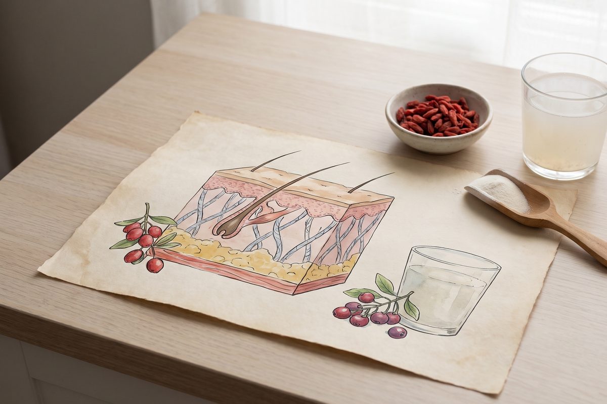 Segelas air jernih di sebelah sudu seramik kecil dan beberapa biji goji kering di atas kain linen pucat dalam cahaya siang yang lembut, gambar pegun tanpa teks, wajah, jarum atau bungkusan produk
