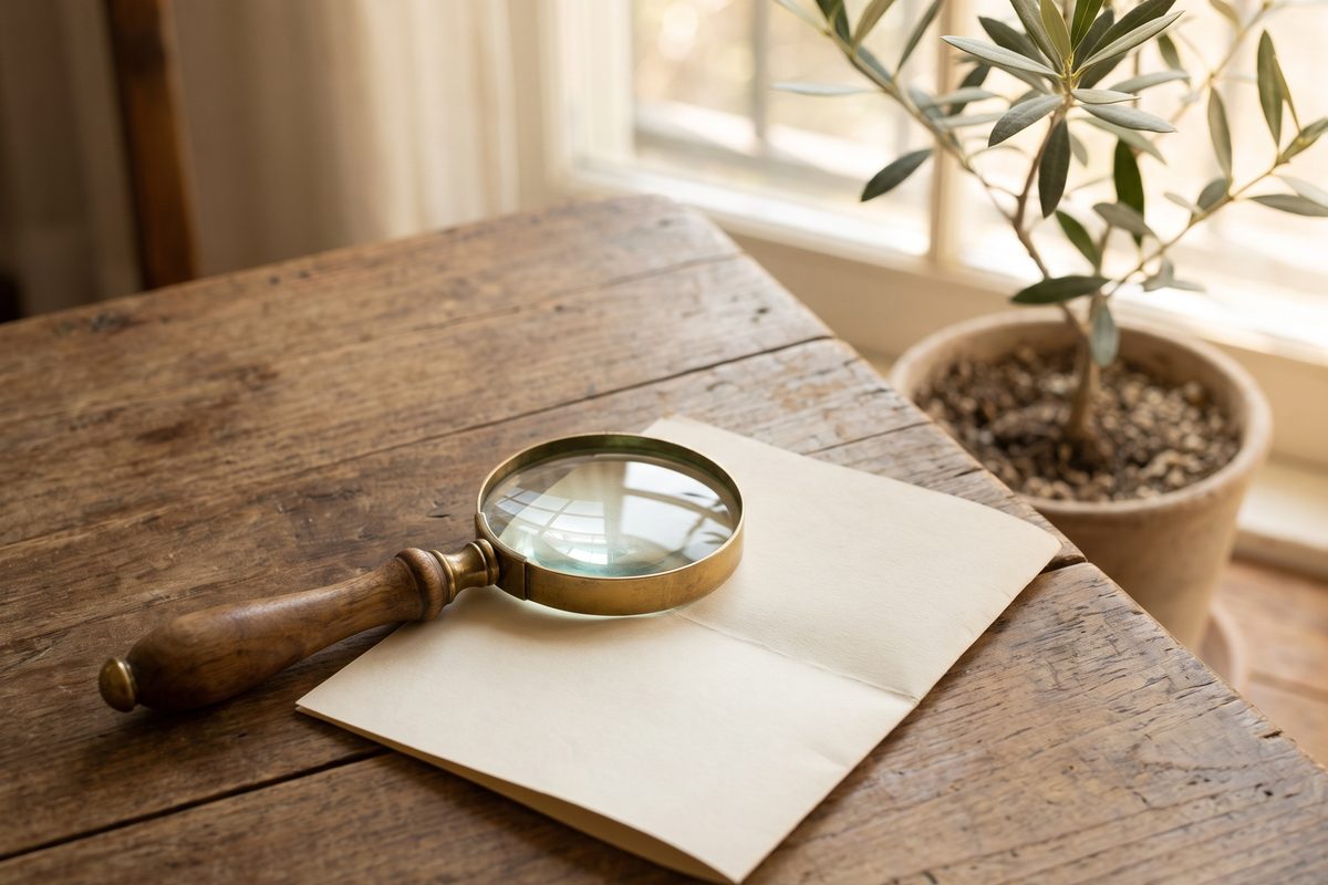 A brass magnifying glass resting on a blank folded leaflet on a worn wooden table beside an olive plant in window light, no lettering, no people