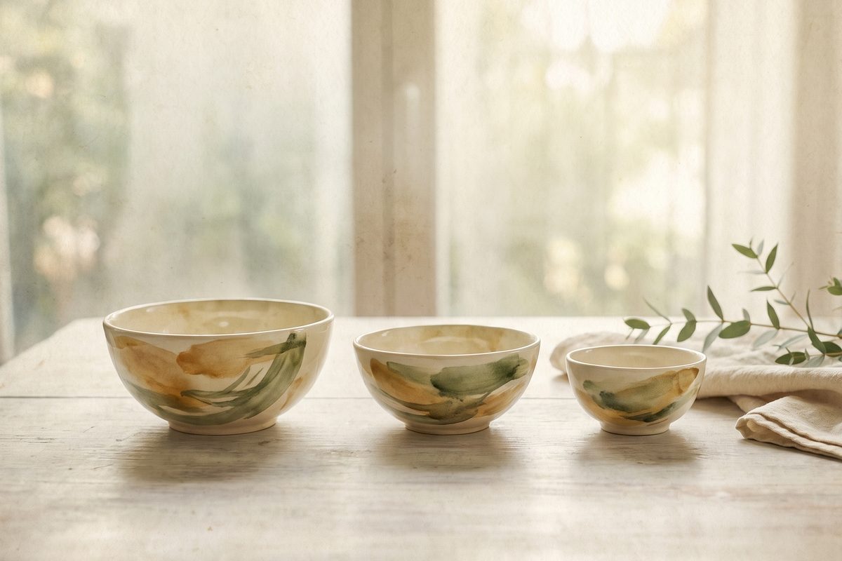 A watercolour still life of three ceramic bowls of different sizes in a row on a pale wooden table by a bright window, with a folded cloth and a sprig of green leaves