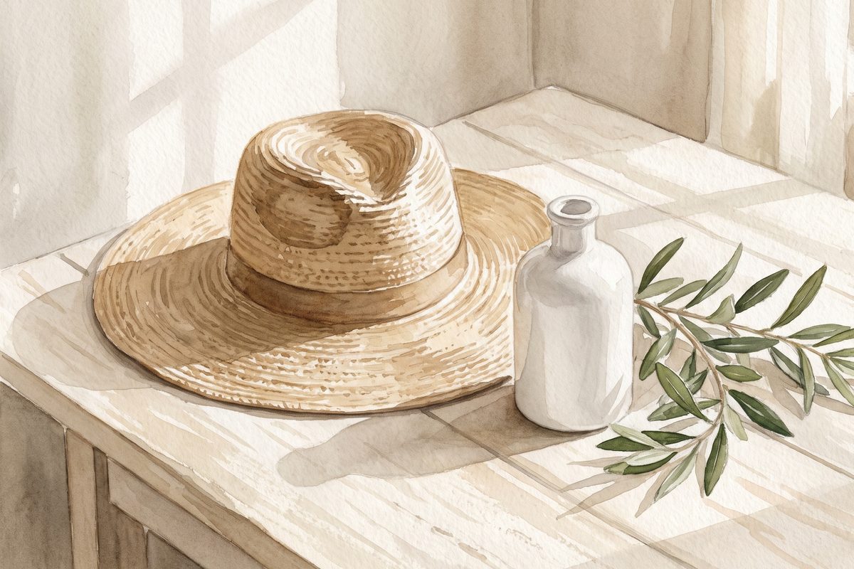 A watercolour still life of a woven sun hat, a small plain white bottle and a sprig of green leaves on a pale wooden table in soft window light