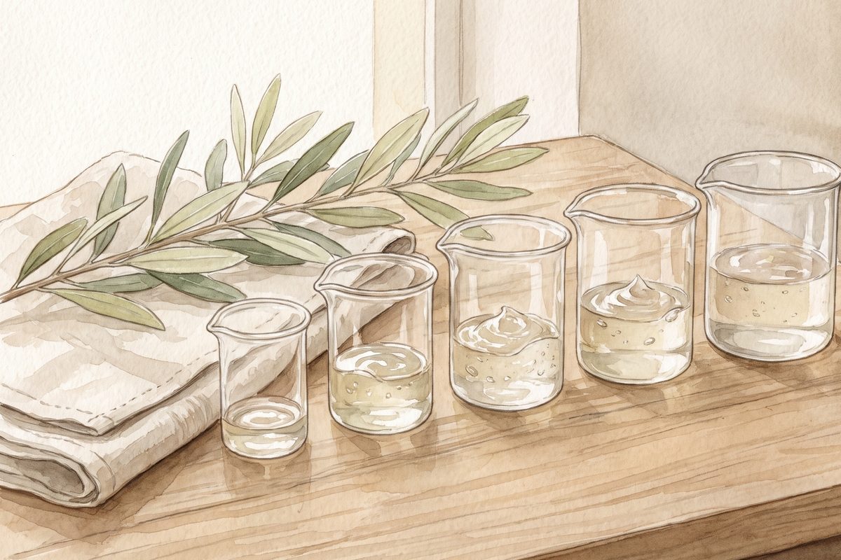 Watercolour of small glass measuring cups of different sizes holding a little clear gel, beside a folded linen cloth