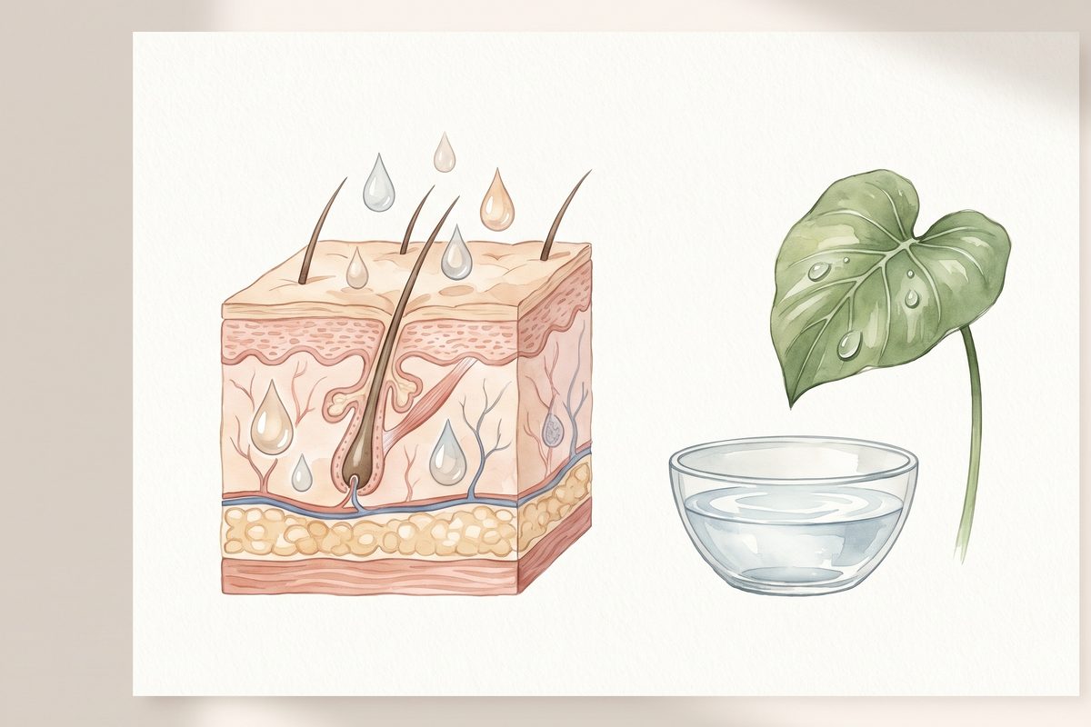 Watercolour plate of a skin cross-section with droplets, beside a glass bowl of water and a green leaf