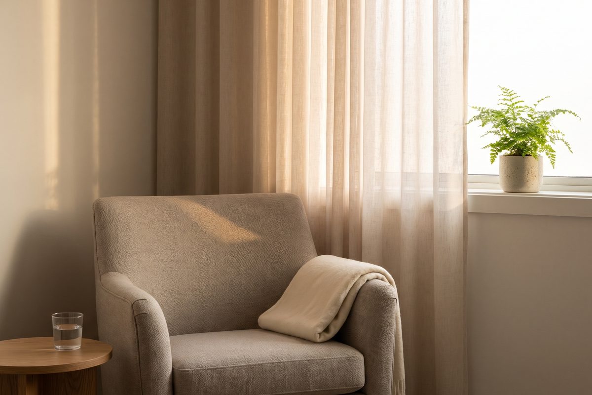 A soft painted plate of a quiet treatment room with an empty chair, a folded towel and a small tray in morning light