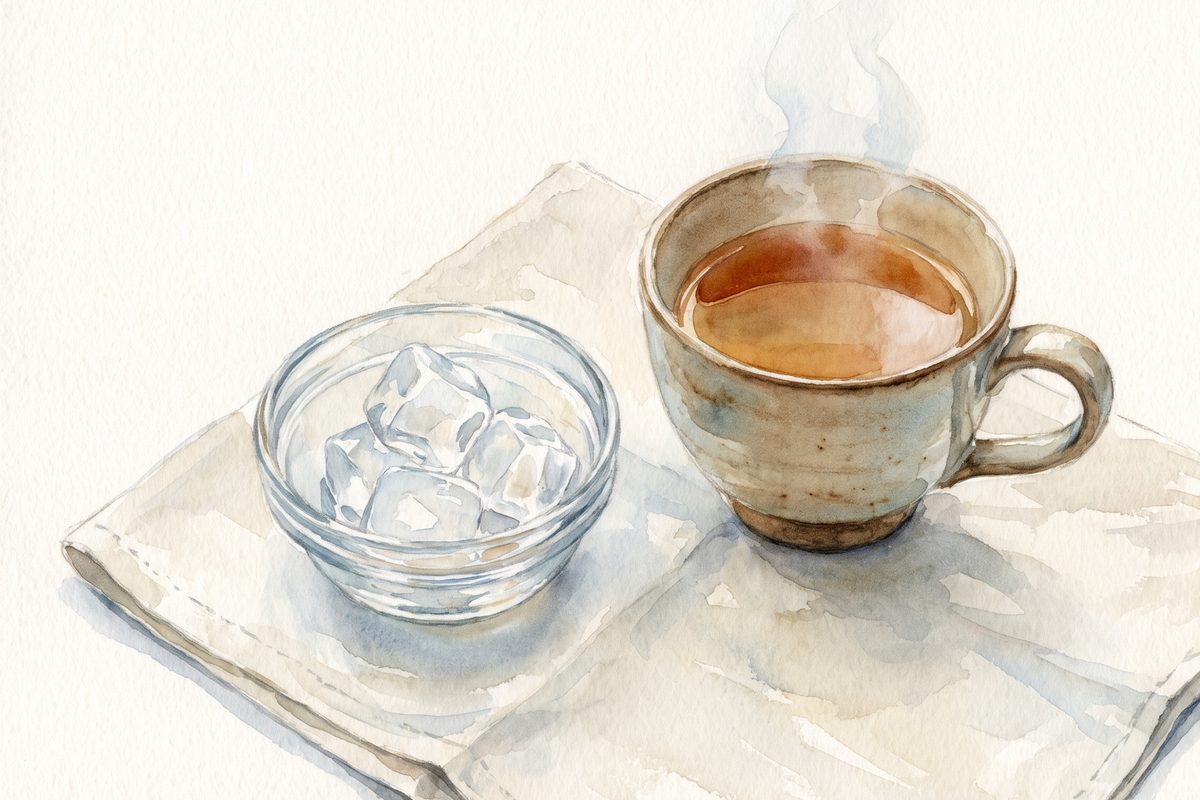 水彩画:一杯冒着热气的温茶,旁边是一小碗冰块,放在亚麻布上