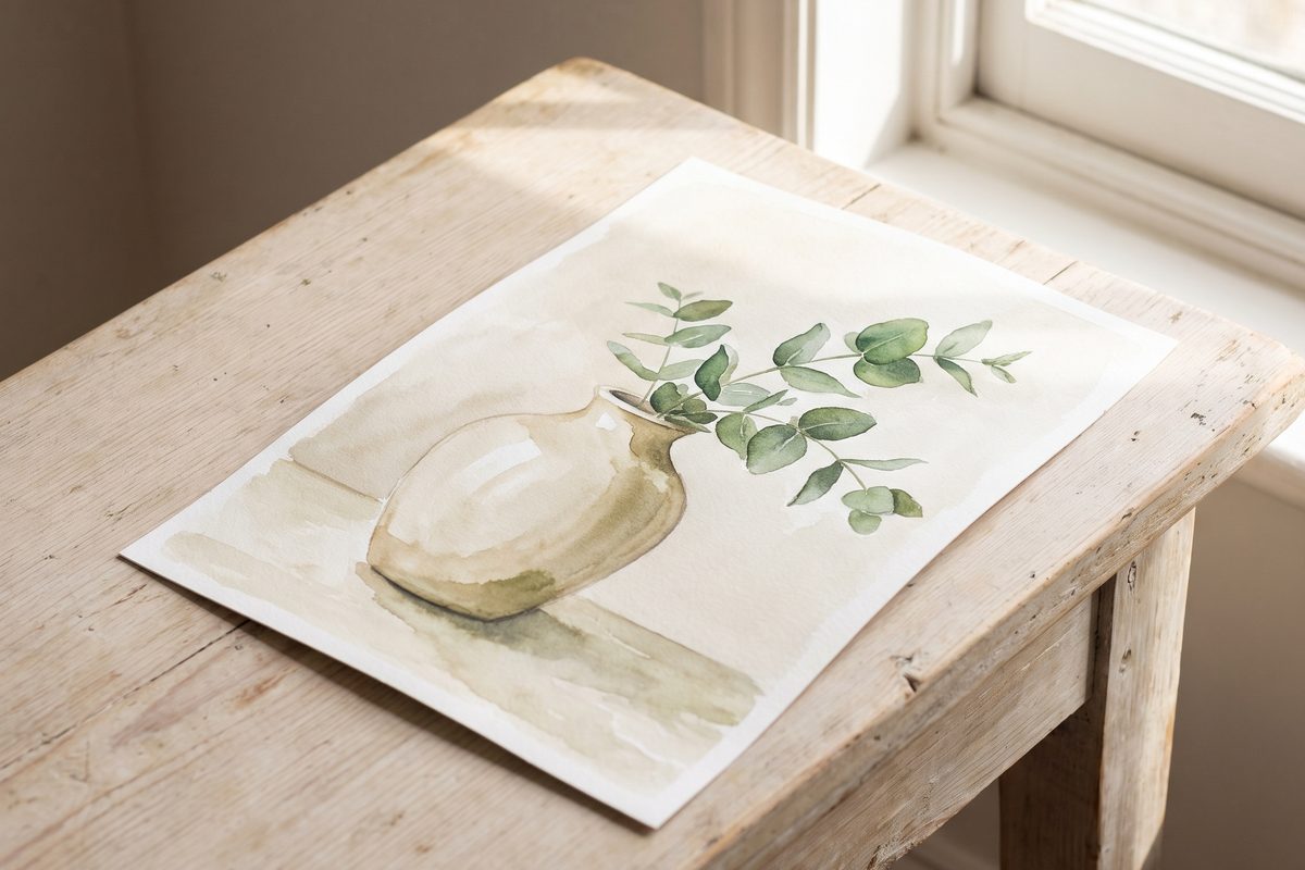 A watercolour still life of a drawing of a smooth pale vase with a curved neck and a sprig of green leaves, on a sheet laid on a pale wooden table by a window