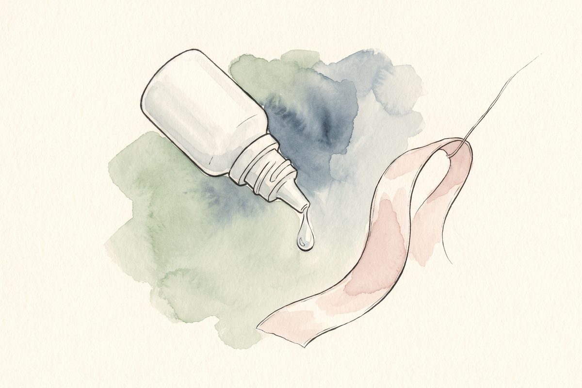 水彩与墨线插画:一个白色小眼药水瓶滴下一滴清澈的药水,旁边一条淡粉色丝带的一端被细线轻轻提起;这是生成的插画,不是照片
