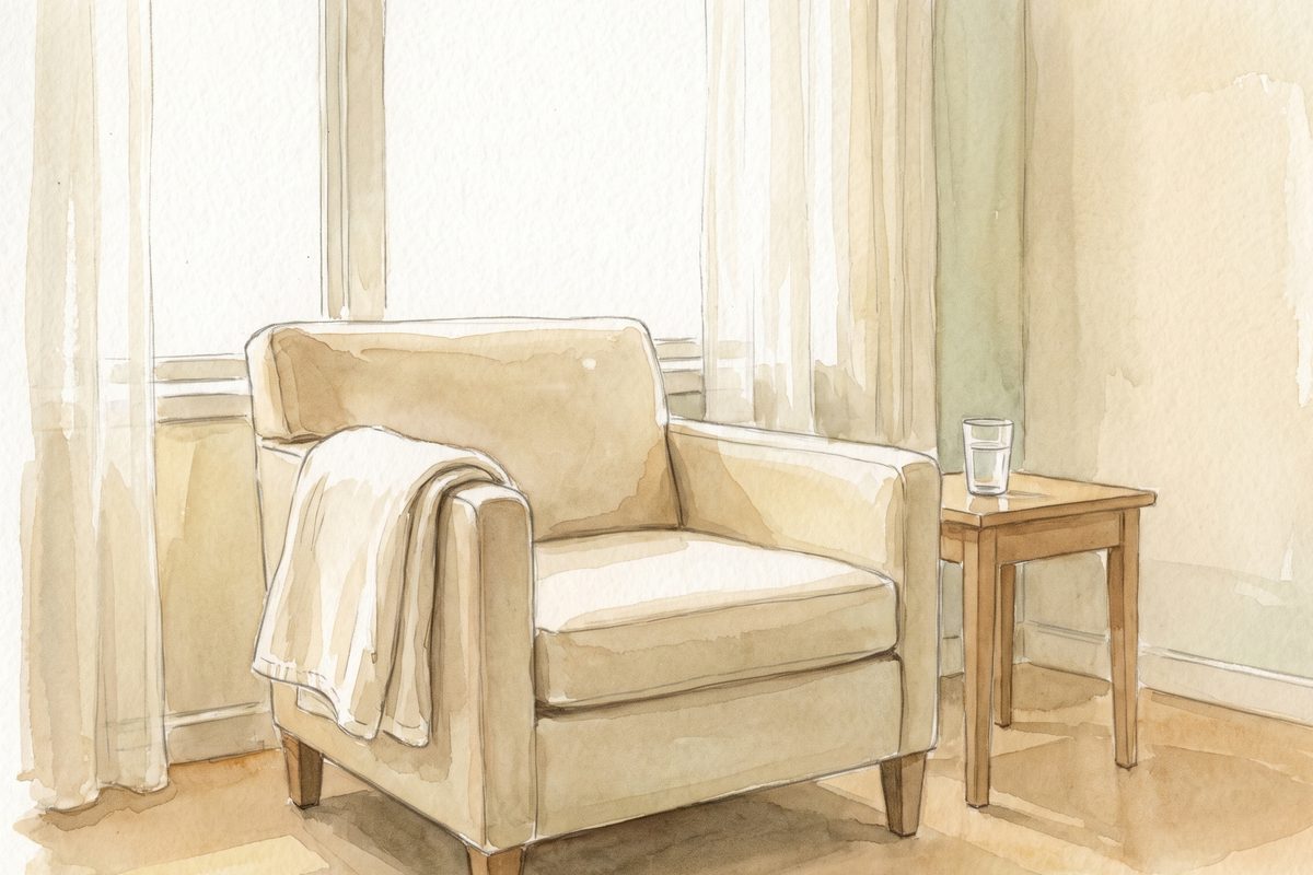 Watercolour of an upholstered armchair by a tall window with a folded blanket over one arm and a glass of water on a side table