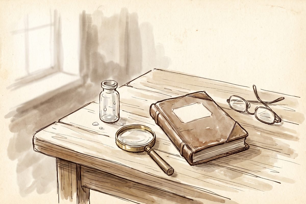 A hand-drawn ink and watercolour still life on a wooden table by a window: a small unlabelled glass vial with a few clear drops, a magnifying glass, a closed leather book and folded reading glasses; no readable writing, no people, no needle, no logo; a generated illustration, not a photograph