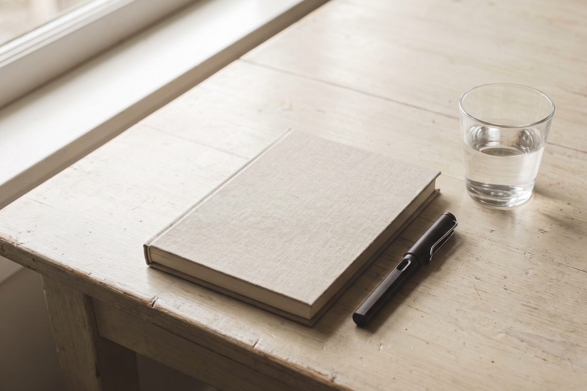 An open hardcover medical textbook and a plain pen resting on a pale wooden desk in soft daylight from a side window, no people, no devices, calm and quiet