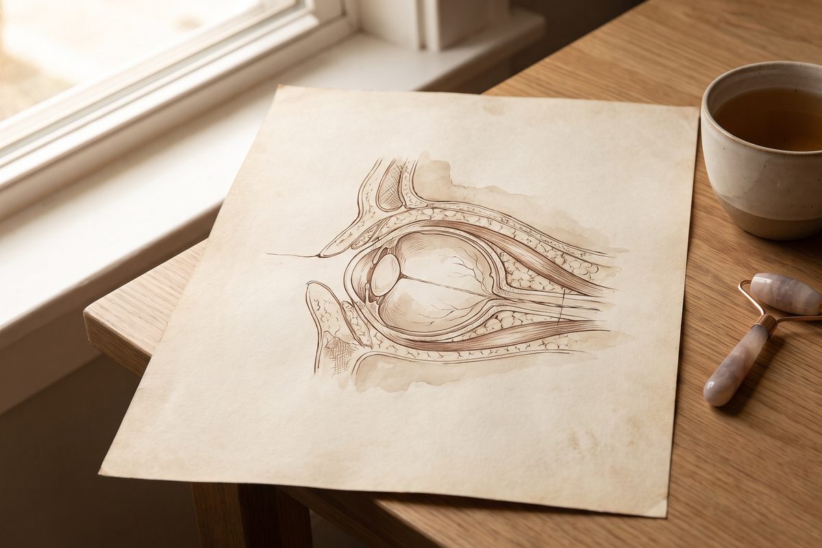 Watercolour sketch of an eye and its socket in cross-section on paper, beside a stone face roller and a cup of tea on a wooden table by a window