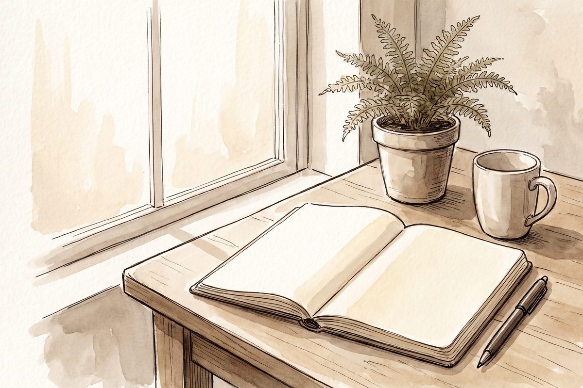 A simple consultation-room still life, a notebook and pen on a plain desk, soft daylight, no lettering and no people