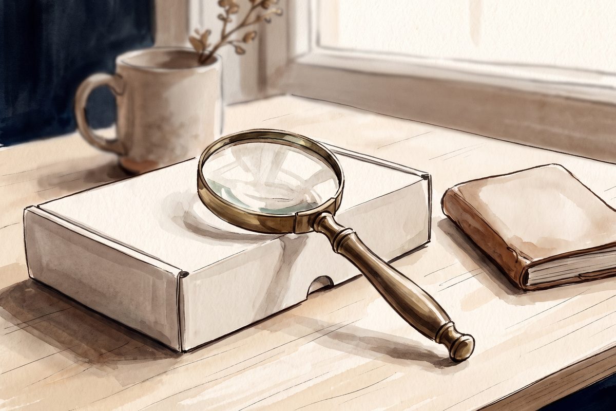 Watercolour of a plain cardboard pen box beside a magnifying glass on a pale wooden table in soft daylight