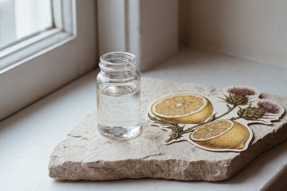 A small empty amber glass bottle and a folded linen cloth on a pale stone surface in soft daylight, a still life with no labels, people or text
