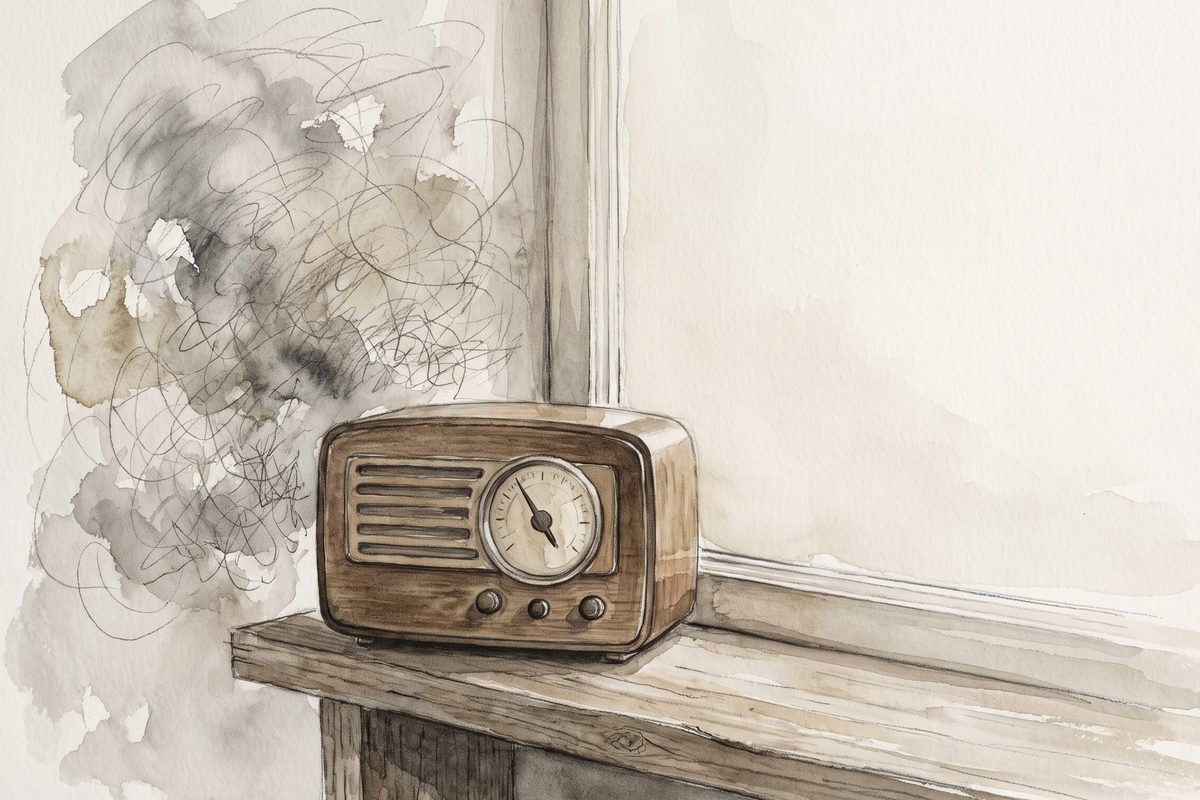 Watercolour and ink: an old wooden radio on a windowsill shelf, its tuning needle resting between stations; grey washes and scribbled pencil lines on the left fade to clear paper on the right; no people; a generated illustration, not a photograph