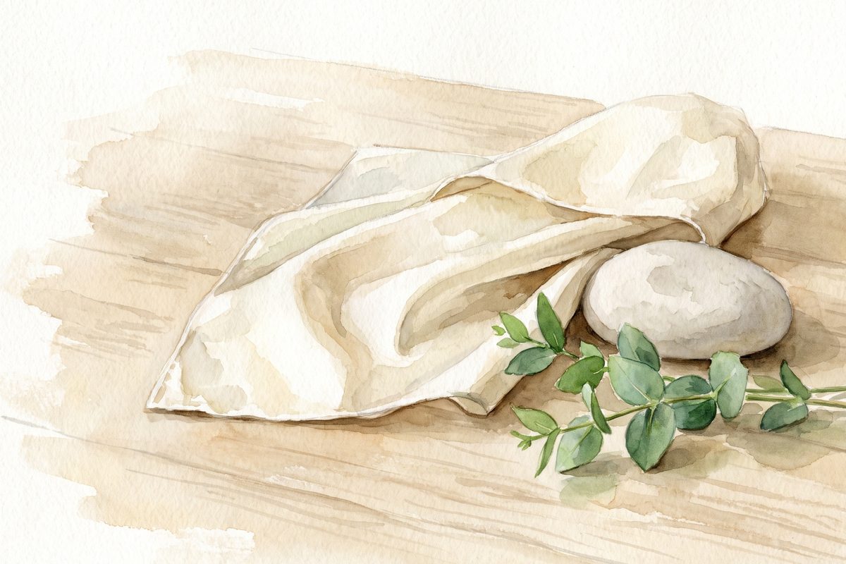 A watercolour still life of softly creased ivory silk, a smooth pale pebble and a sprig of green leaves on a pale wooden table