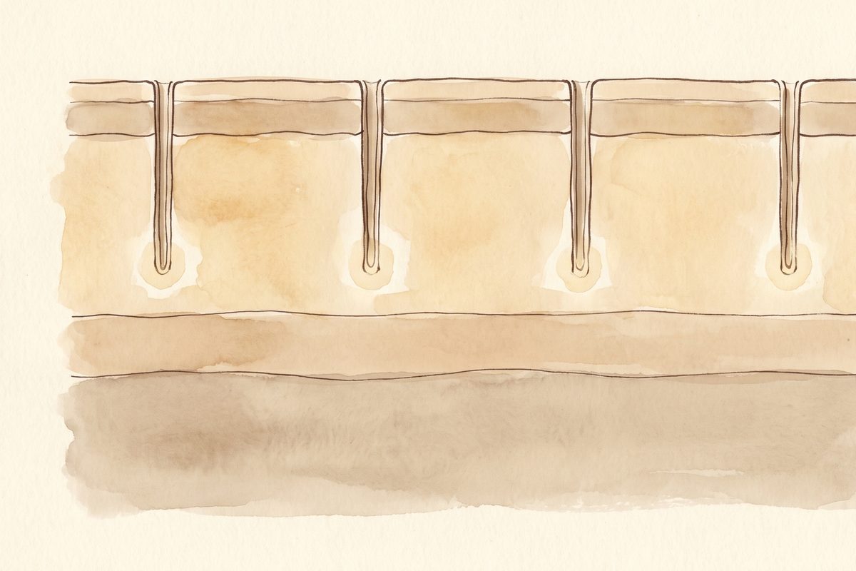 A hand-drawn watercolour cross-section of skin in warm paper tones, with thin vertical channels running from the surface into the upper skin at even intervals, untouched skin between them and a small pale glow at the tip of each; no faces, no text, no needles; a generated illustration, not a photograph
