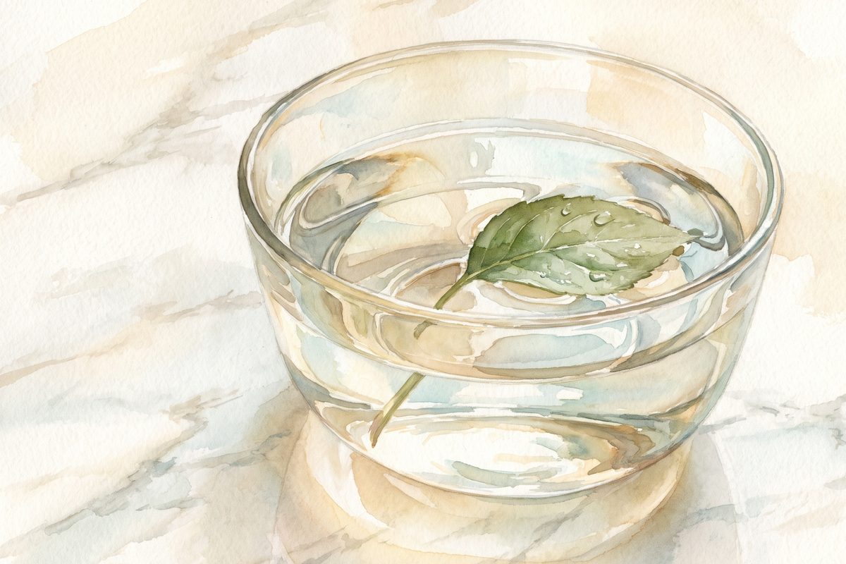 A clear drinking glass with droplets of water on its surface, standing on a pale daylit counter, still life, no face and no lettering