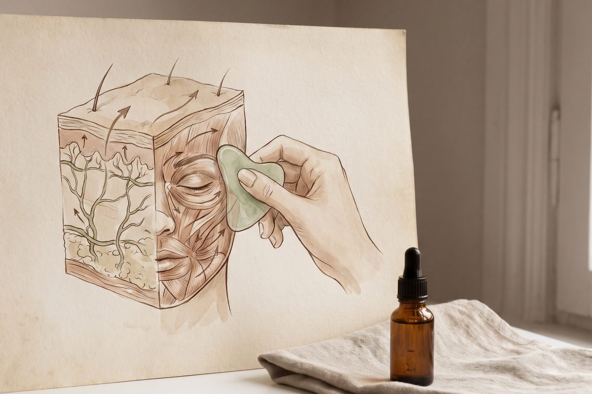 A hand-drawn ink and watercolour cutaway of facial skin and muscle, with a drawn hand holding a pale green gua sha stone to the cheek, propped beside a small amber dropper bottle on folded linen. Illustration, not a photograph.