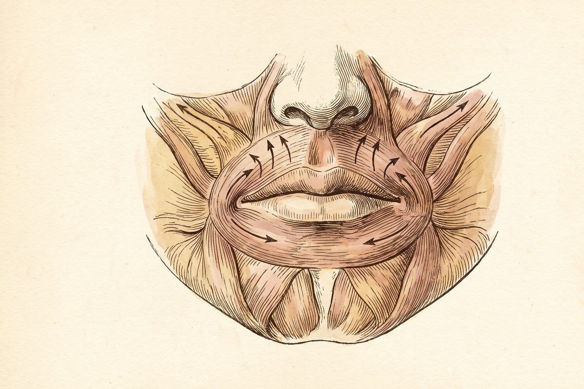 Plat dakwat dan cat air lukisan tangan otot yang mengangkat bibir atas, dengan gigi atas dan garis gusi di bawahnya, di atas kertas hangat, tiada tulisan yang boleh dibaca, tiada jarum, tiada logo, tiada wajah; ilustrasi janaan, bukan gambar foto