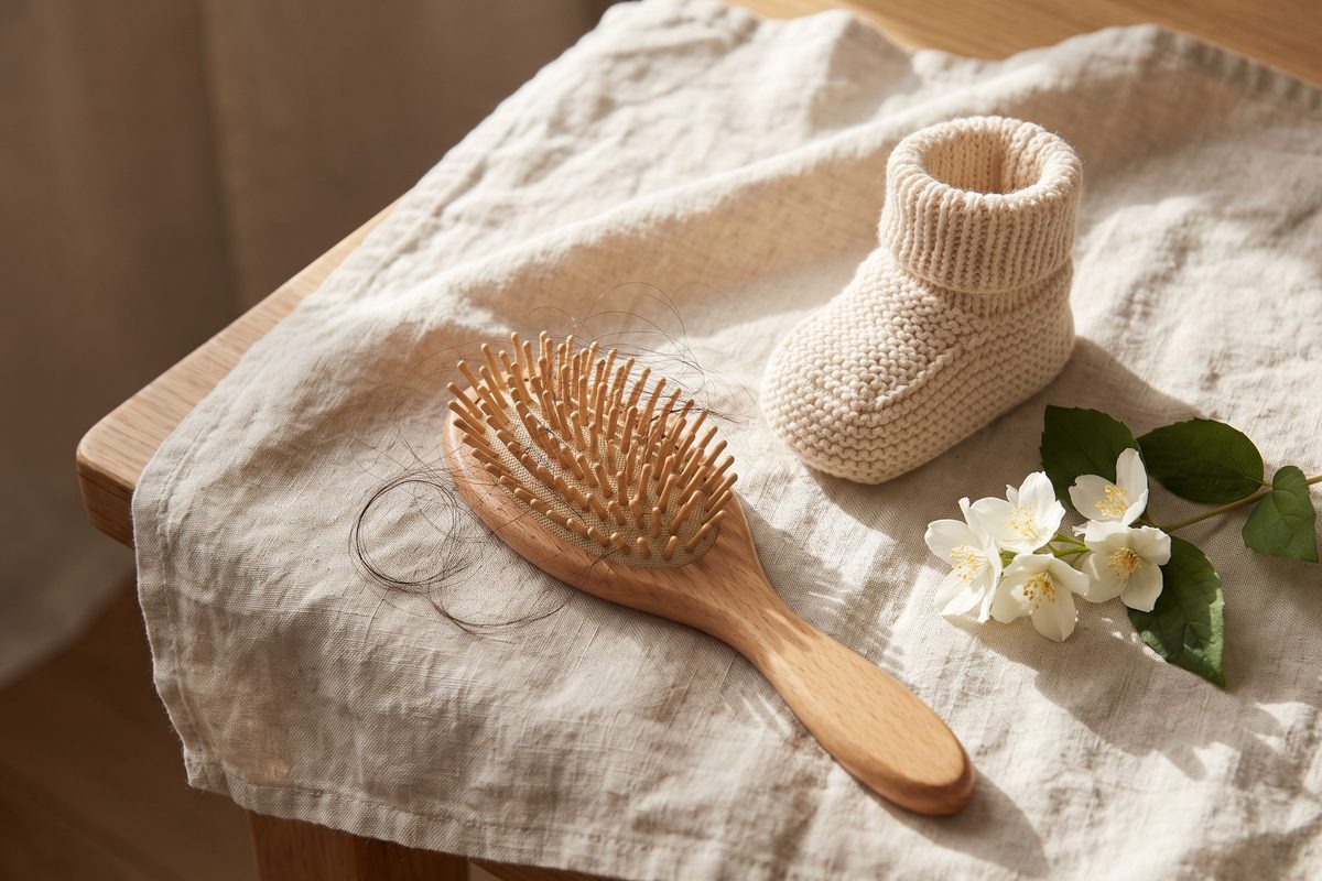 A wooden hairbrush with a few loose dark strands beside a knitted cream baby bootie and a sprig of jasmine on creased linen, in soft window light, no people, no text; a generated image, not a real photograph