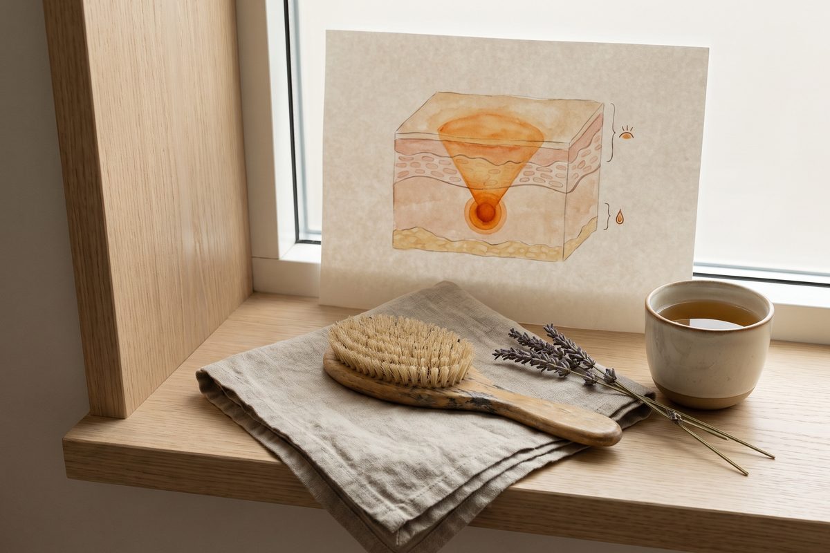 A wooden hairbrush and a folded linen towel on a pale oak shelf in soft window light, a still life with no people, text or packaging