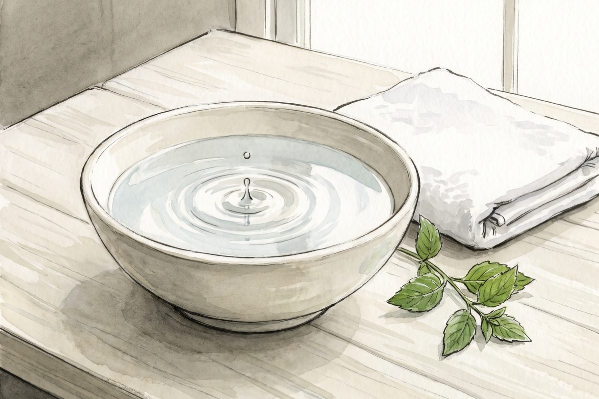 A watercolour still life of a pale ceramic bowl of water with a single drop sending out soft concentric ripples, beside a folded white towel and a sprig of green leaves on a pale wooden table in soft daylight