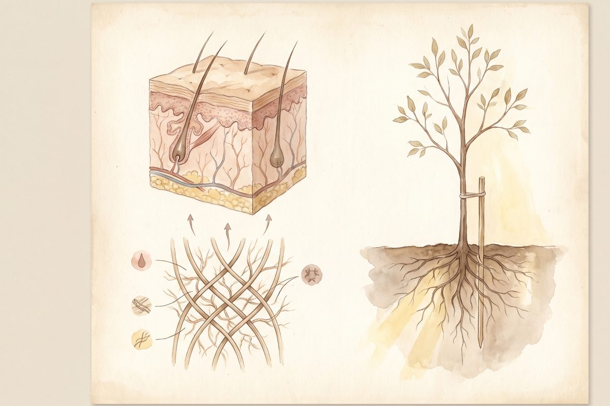 Watercolour plate of a skin cross-section with collagen fibres beside a young tree and its roots, on cream paper