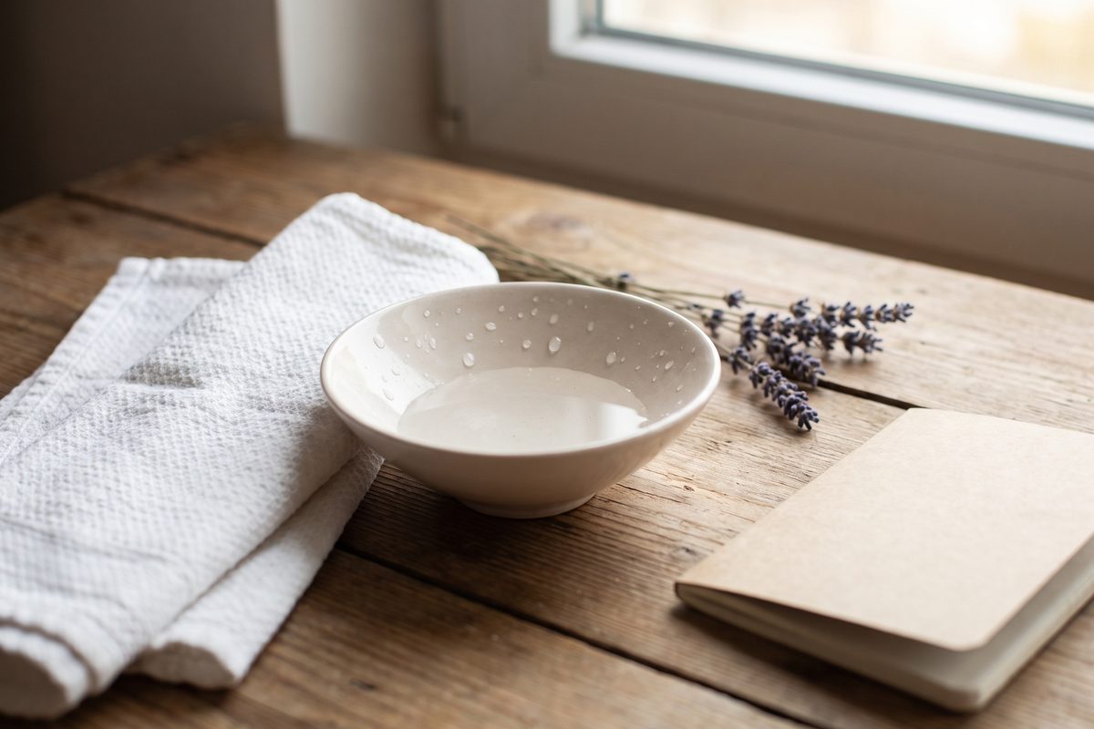 A clean treatment-room counter with a folded towel and a single unlabelled bottle of serum, soft daylight, no device or face in frame
