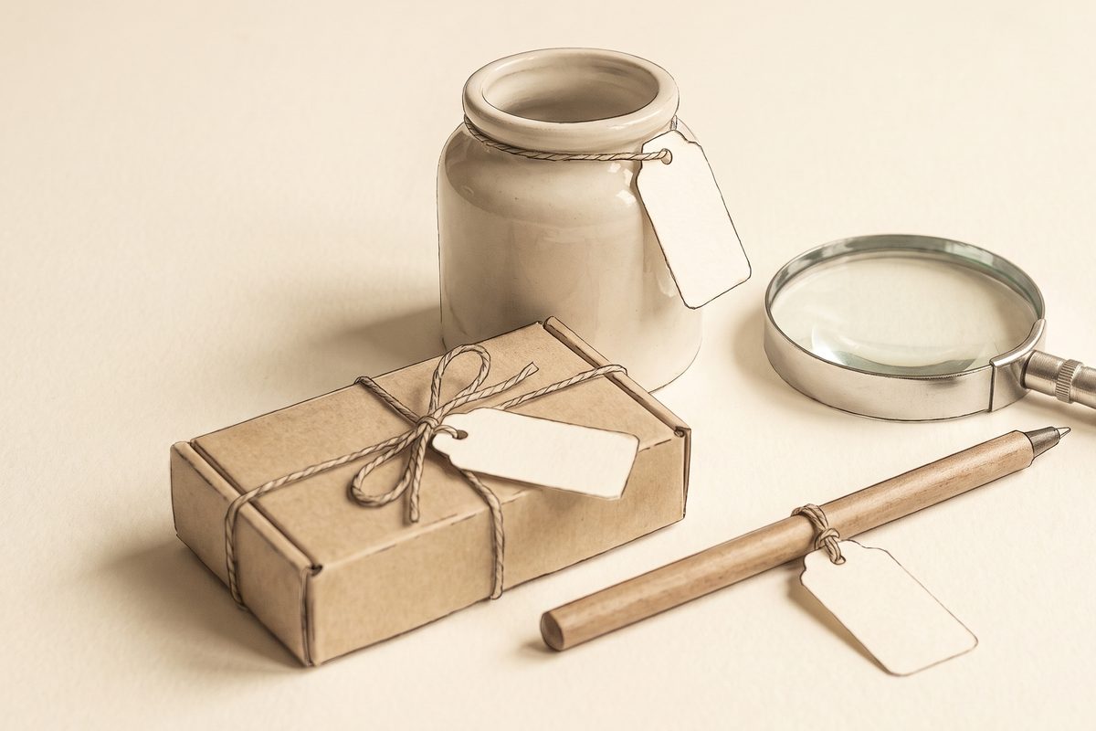 A hand-drawn ink and watercolour still life of a cream jar, a small medicine box and a slim pen laid side by side on warm paper, each with a small blank tag tied to it, no readable writing, no people, no needle, no logo; a generated illustration, not a photograph