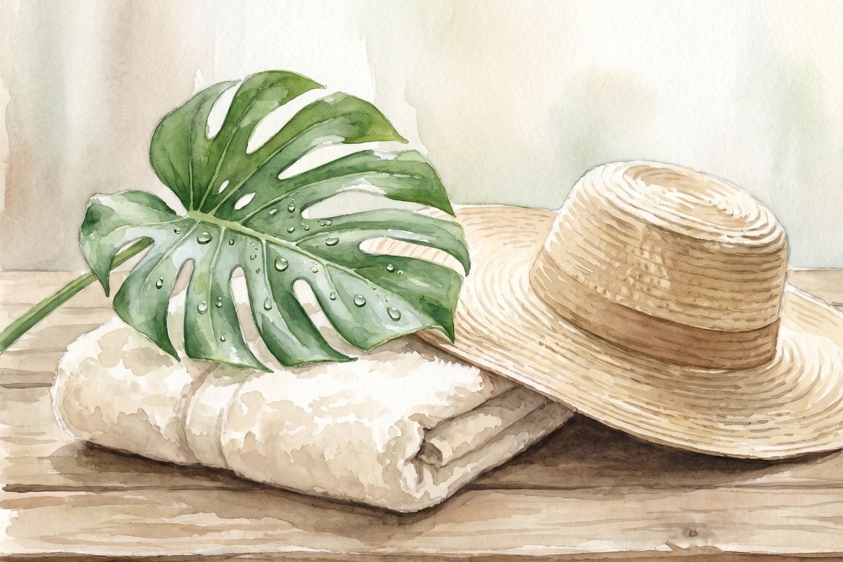 A hand-painted plate of a clear glass dish of water beside a folded white towel and a soft green leaf, in warm daylight, no people and no text